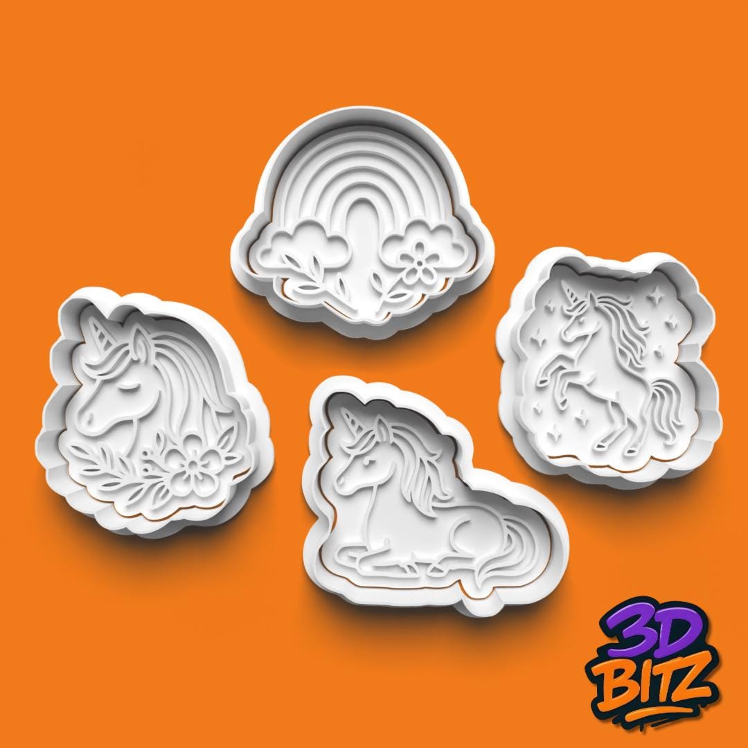 Unicorn & Rainbow Cookie Cutter Set: 3D Printed Fantasy Biscuit Stamp Cookie Cutter & Embosser Set