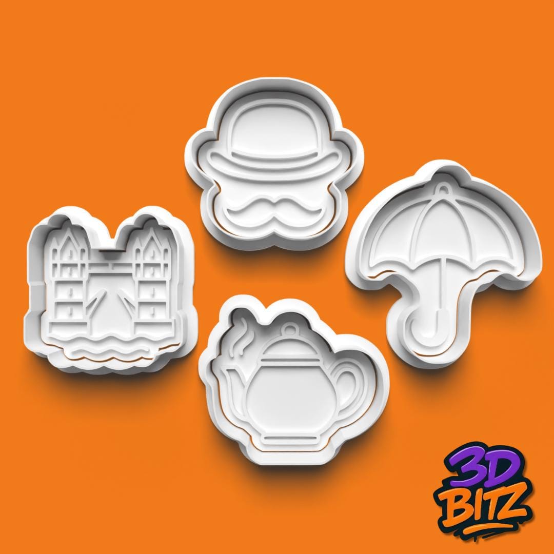 British Icons Cookie Cutter Set: Teapot, Umbrella, Bowler Hat, Tower Bridge Cookie Cutter & Embosser Set