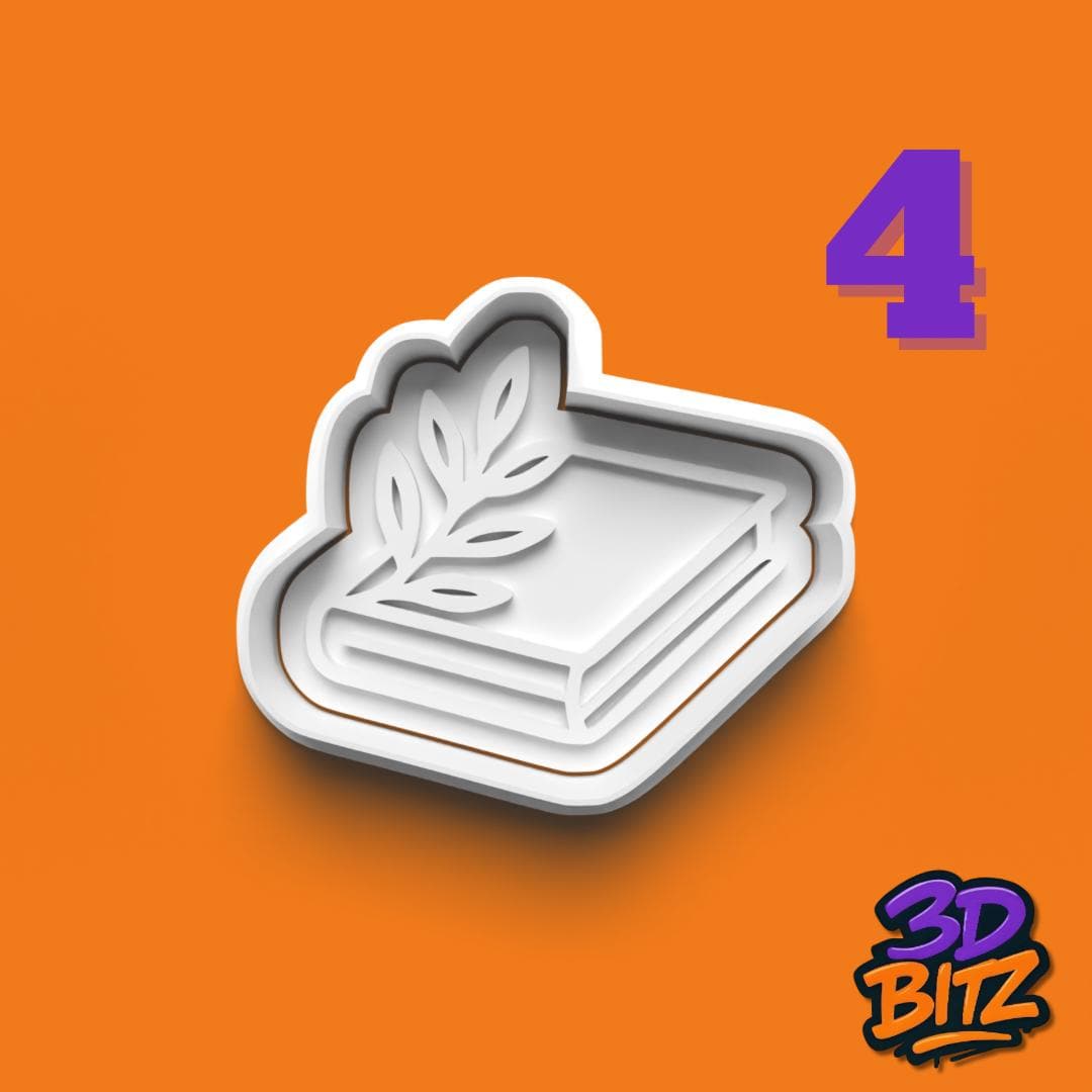 Book Cookie Cutter Set: 4-Piece Reading Biscuit Embosser Cookie Cutter & Embosser Set