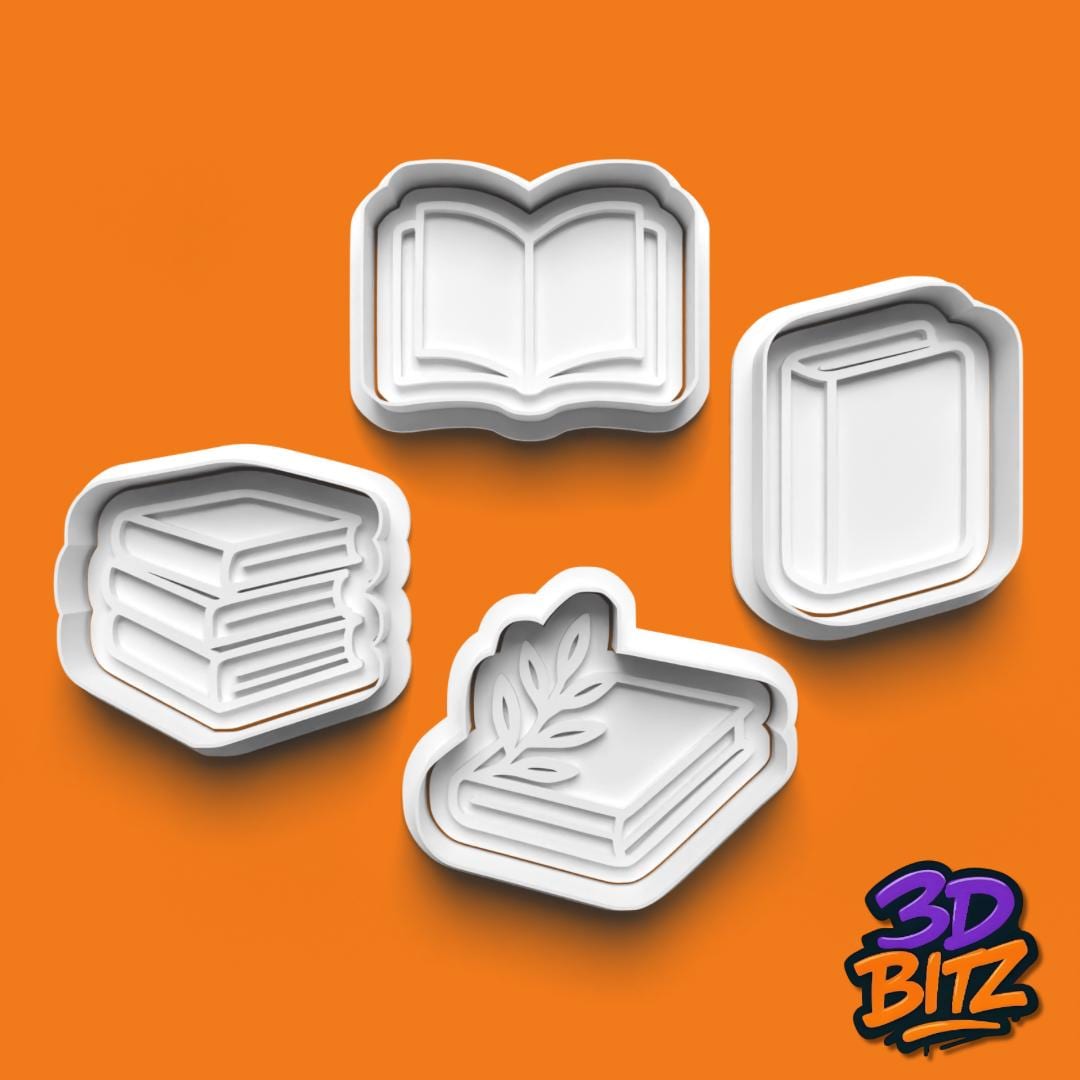Book Cookie Cutter Set: 4-Piece Reading Biscuit Embosser Cookie Cutter & Embosser Set
