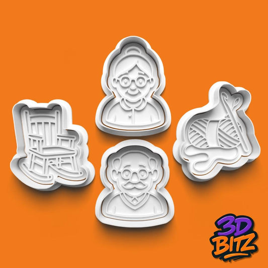 Grandparent Cookie Cutter Set: Grandma, Grandpa, Rocking Chair, Knitting Cookie Cutter & Embosser Set
