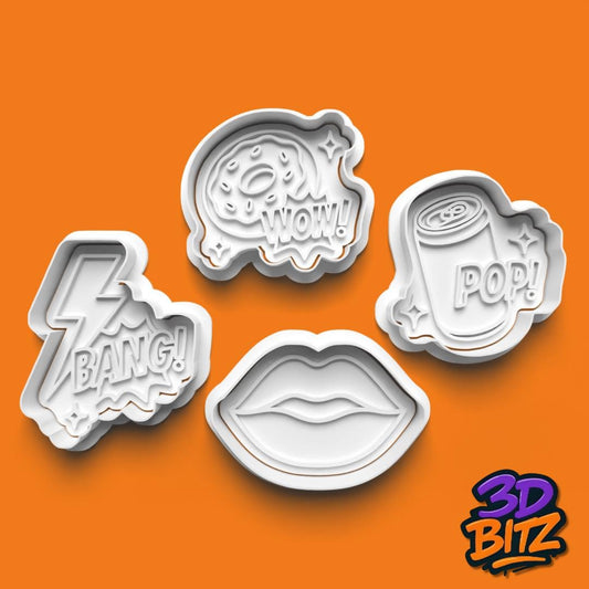 Pop Art Cookie Cutter Set: Comic Style 3D Printed Baking Cookie Cutter & Embosser Set