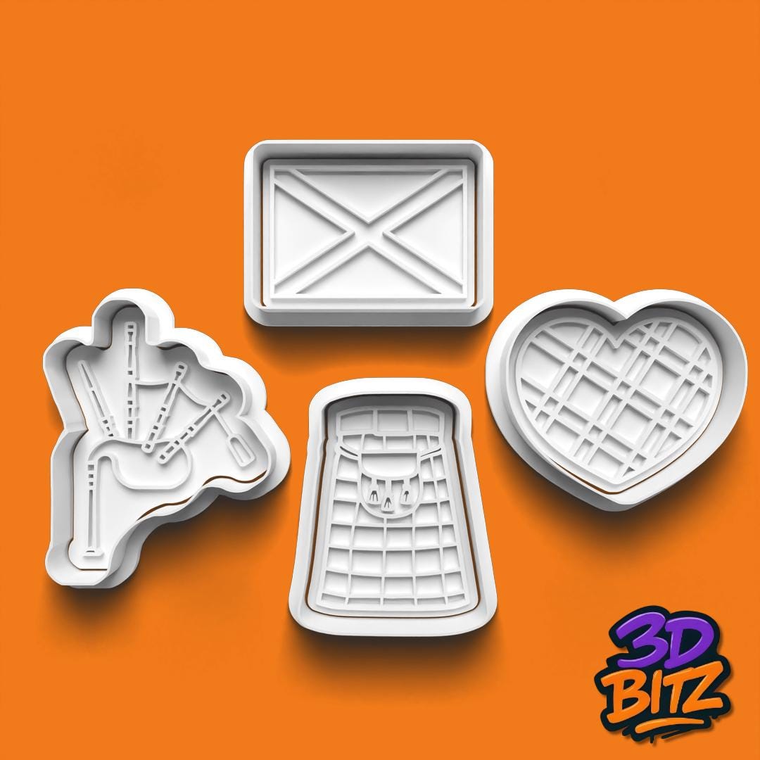 Scottish Cookie Cutter & Embosser Set: Bagpipes, Kilt, Tartan Heart (3D Printed)