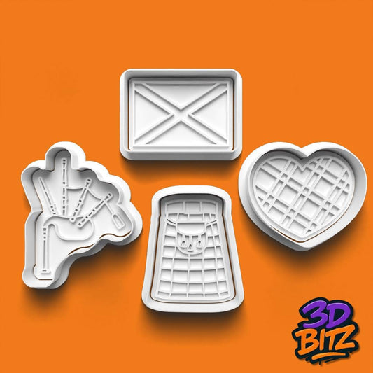 Scottish Cookie Cutter & Embosser Set: Bagpipes, Kilt, Tartan Heart (3D Printed)