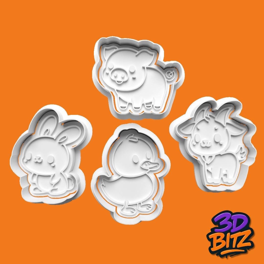 Farm Animal Cookie Cutter Set: Pig, Bunny, Duck, Goat Cookie Cutter & Embosser Set