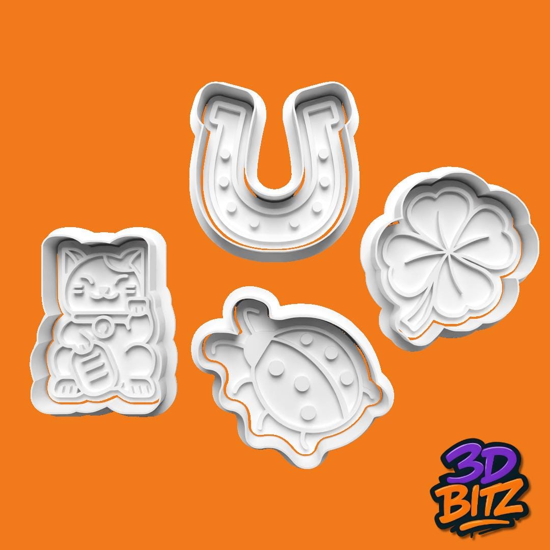 Lucky Cookie Cutter Set: 3D Printed Horseshoe, Clover, Cat, Ladybird Cookie Cutter & Embosser Set