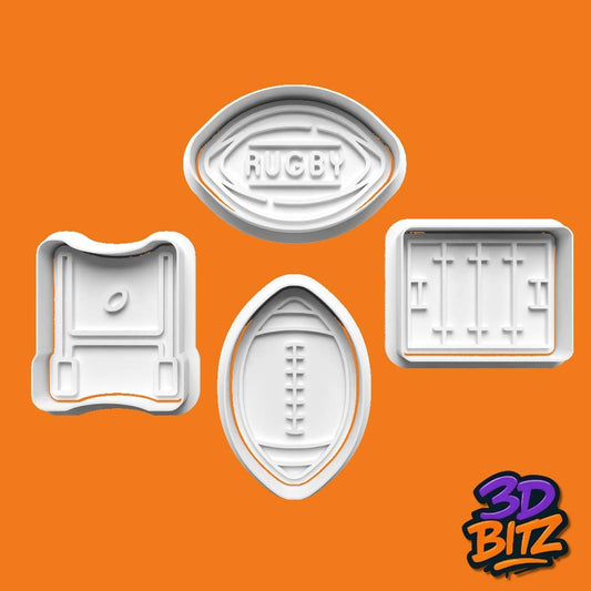 Rugby Cookie Cutter Set: 3D Printed Ball, Goal Posts, Stadium Cookie Cutter & Embosser Set