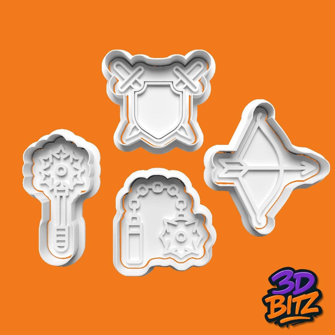 Medieval Weapons & Shield Cookie Cutter Set| Fantasy, RPG-Themed 3D Printed Biscuit and Fondant Cutters Cookie Cutter & Embosser Set