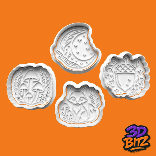 Woodland Cookie Cutters| Fox, Moon, Mushrooms & Acorn Embossers| Nature-Themed Biscuit Stamps biscuit Cookie Cutter & Embosser Set
