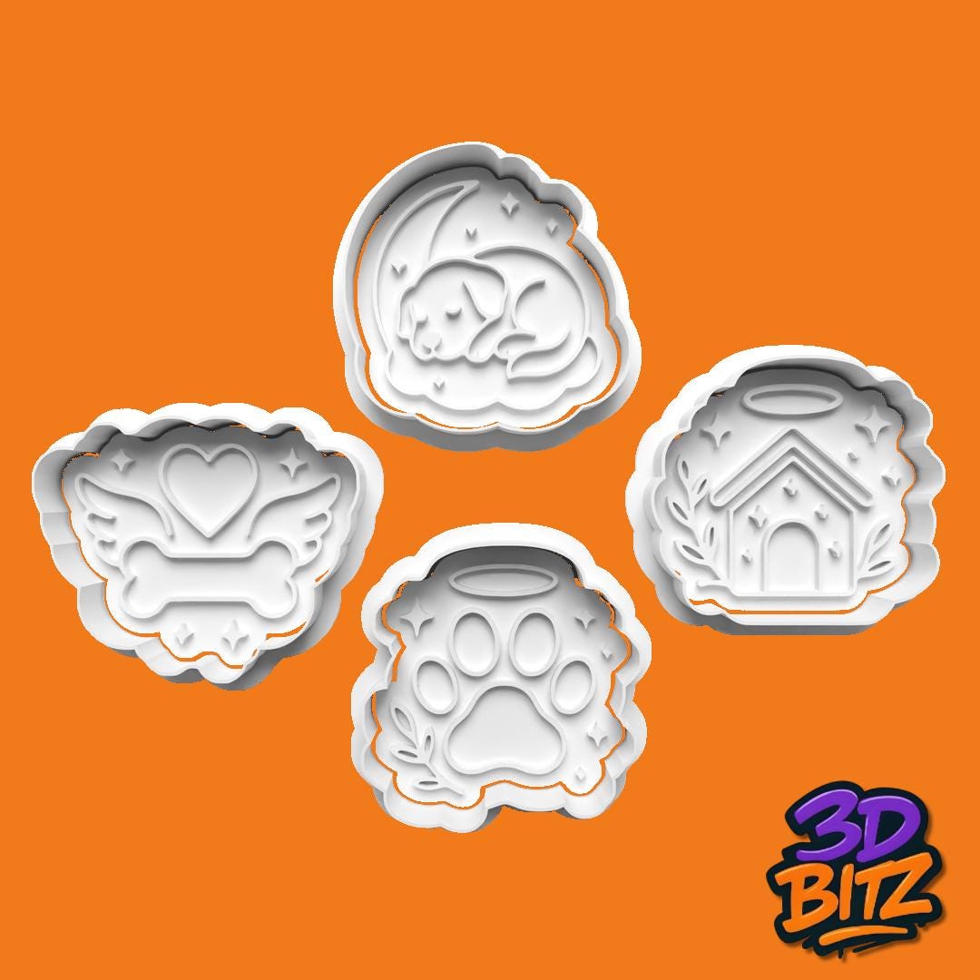 Pet Memorial Cookie Cutters: Angel Paw, Bone, Doghouse, Pup (3D Printed) Cookie Cutter & Embosser Set