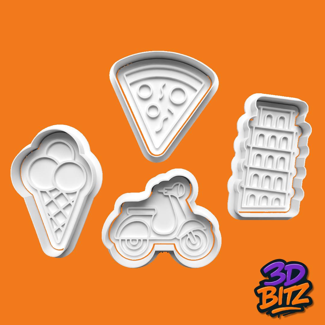 Italy Cookie Cutter Set: Pizza, Gelato, Vespa, Leaning Tower (3D Printed) Cookie Cutter & Embosser Set
