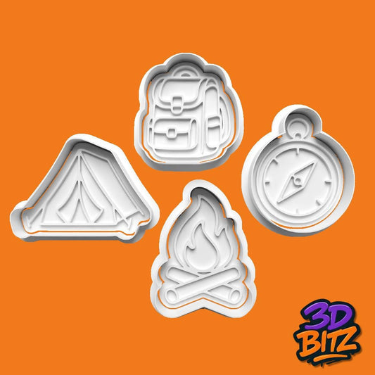 Camping Cookie Cutters: Tent, Compass, Campfire & Backpack (3D Printed) Cookie Cutter & Embosser Set