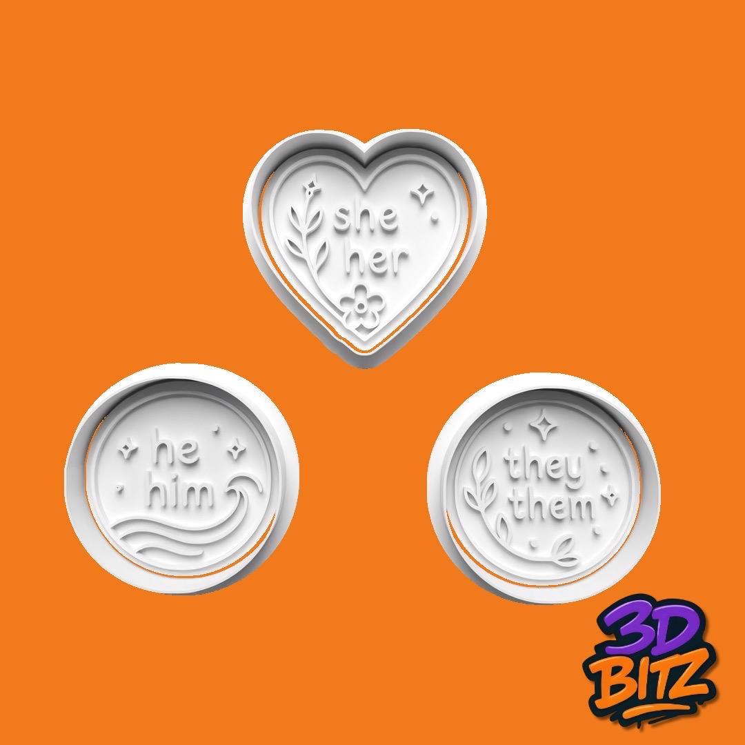Pronoun he/him she/her They/themCookie Cutter & Embosser Set