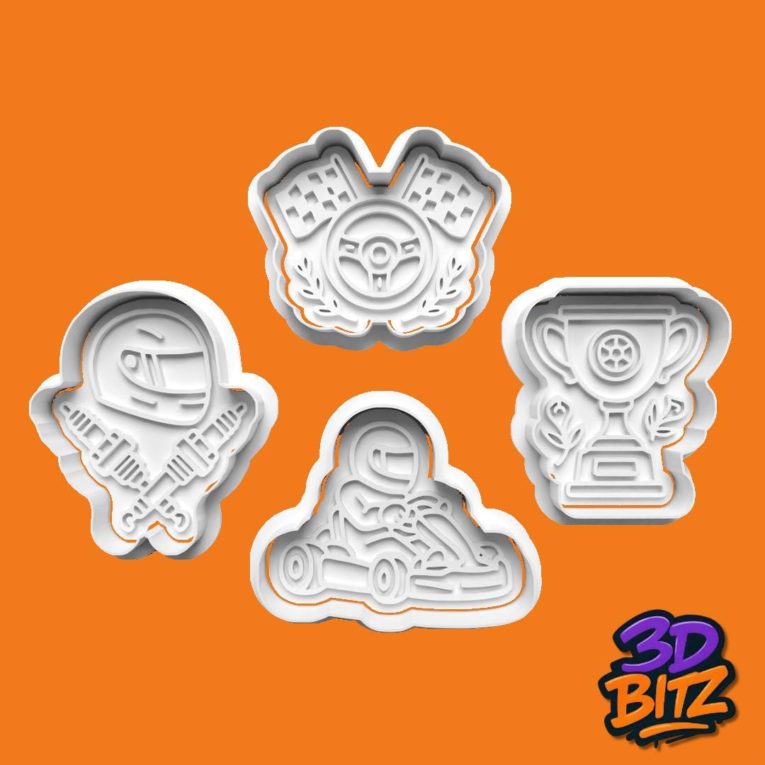 Racing Cookie Cutters: Go Kart, Trophy, Helmet Cookie Cutter & Embosser Set