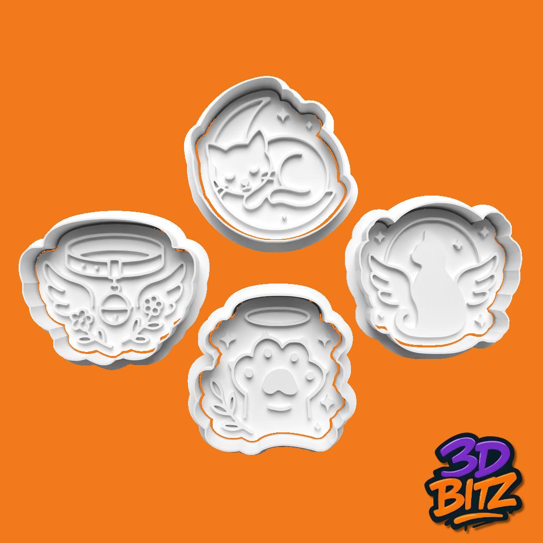 Cat Memorial Cookie Cutters: Angel, Paw Print, Wings (3D Printed) Cookie Cutter & Embosser Set