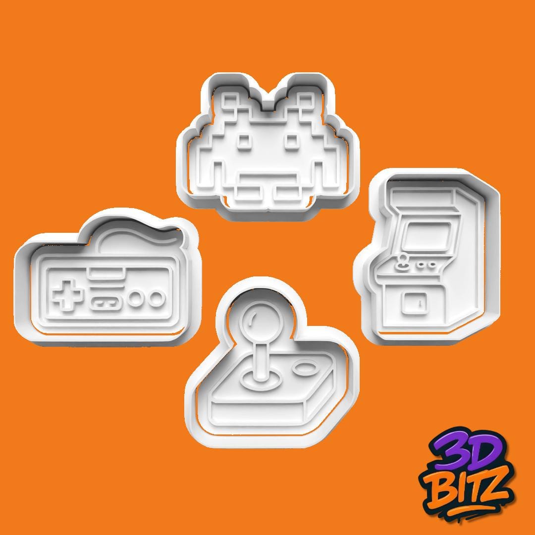 Retro Gaming Cookie Cutters: 80s Arcade, Joystick, Space Invader (3D Printed) Cookie Cutter & Embosser Set