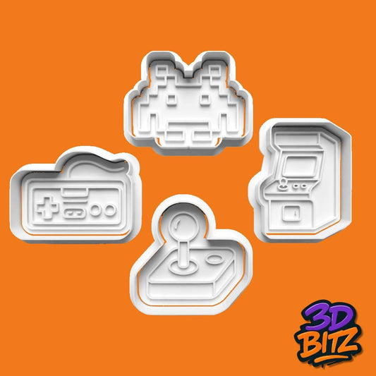 Retro Gaming Cookie Cutters: 80s Arcade, Joystick, Space Invader (3D Printed) Cookie Cutter & Embosser Set