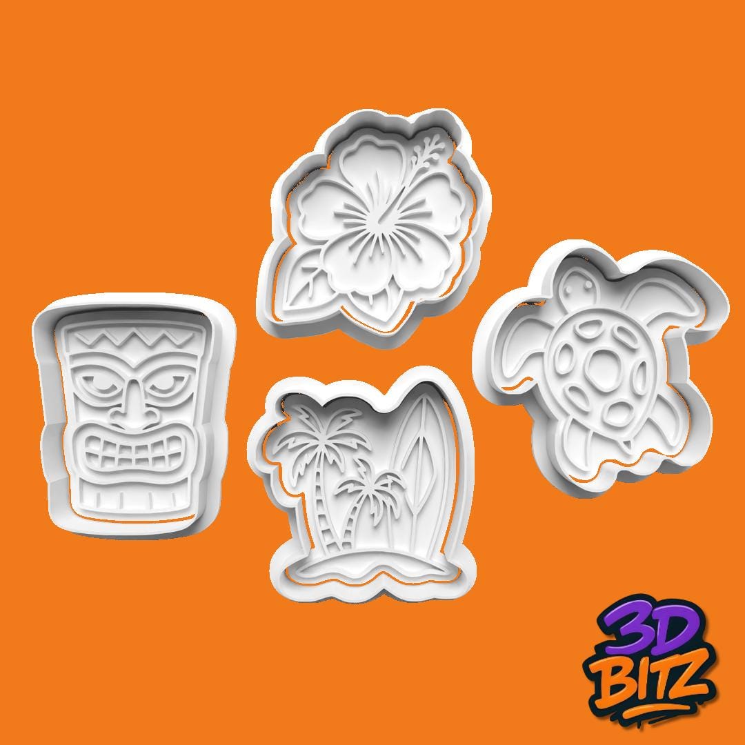Tropical Cookie Cutter Set: Luau Beach Theme, Tiki, Hibiscus, Turtle Cookie Cutter & Embosser Set