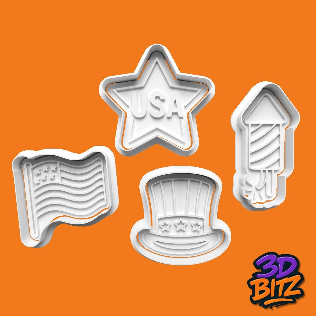 4th of July Cookie Cutter Set: USA Flag, Rocket, Star & Hat Cookie Cutter & Embosser Set